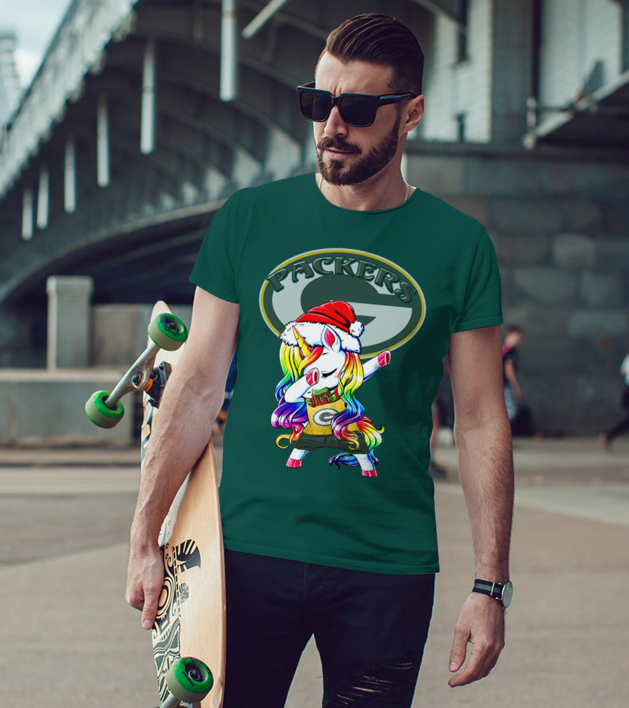Packers Unicorn Dabbing Santa Hat Green Gold T-Shirt