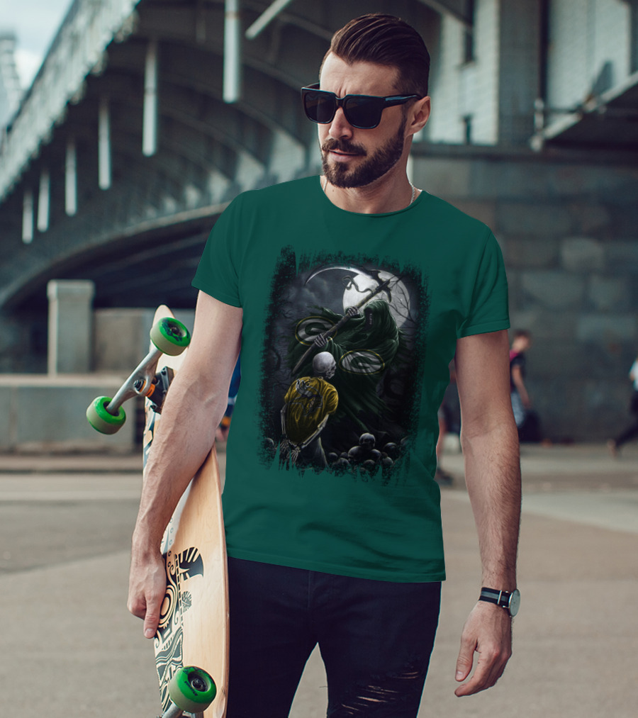 Green Bay Packers Grim Reaper Scene With Skeleton Under Moonlight T-Shirt