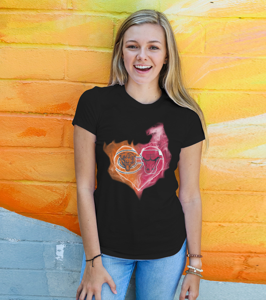 Chicago Bears And Chicago Bulls Heart Flames T-Shirt