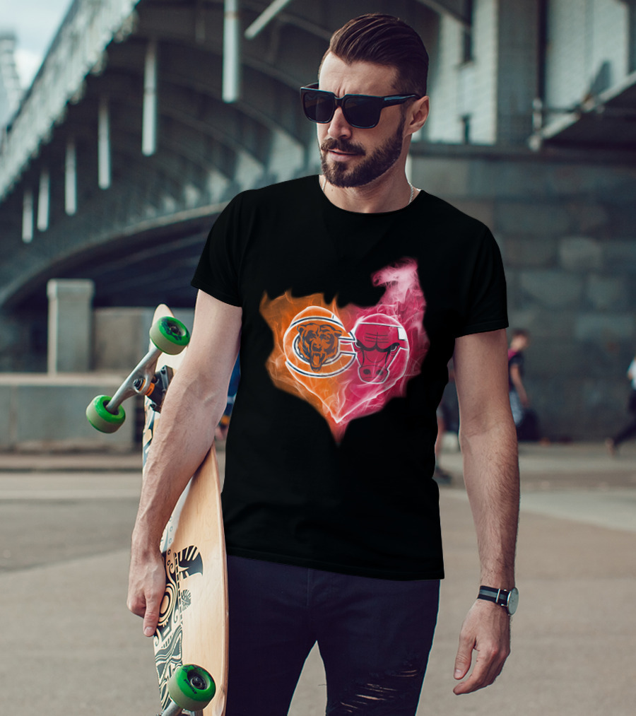 Chicago Bears And Chicago Bulls Heart Flames T-Shirt