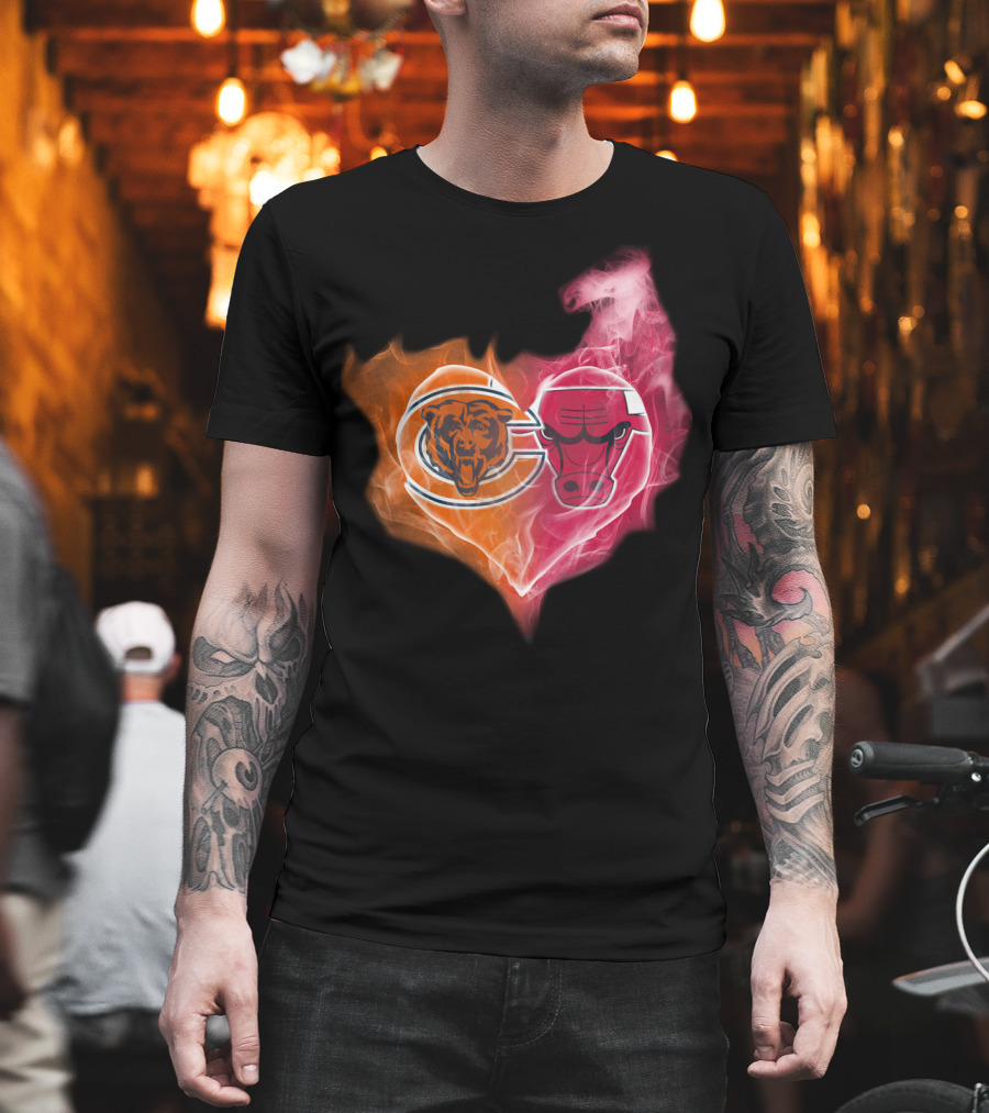 Chicago Bears And Chicago Bulls Heart Flames T-Shirt