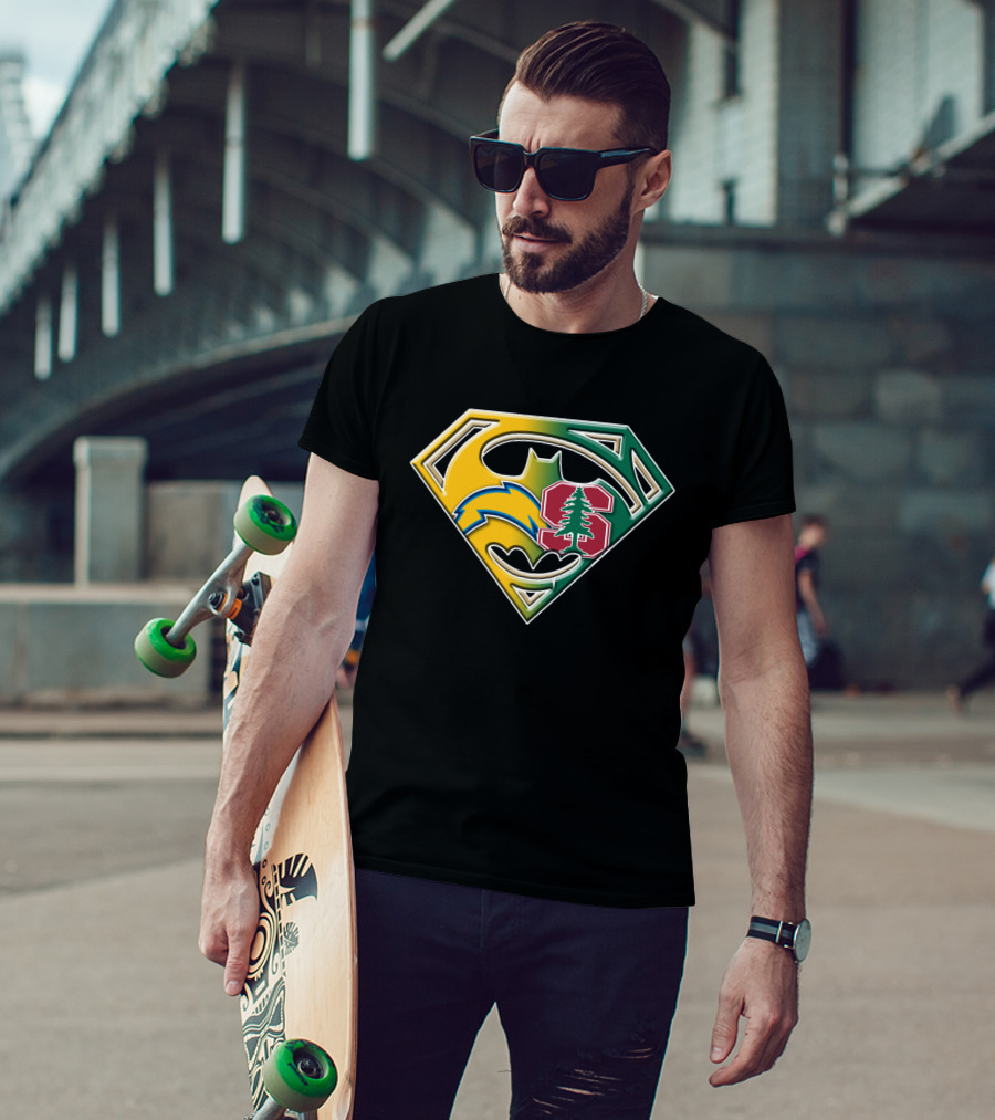 Los Angeles Chargers And Stanford Cardinal Bat Superman Logo Fusion T-Shirt