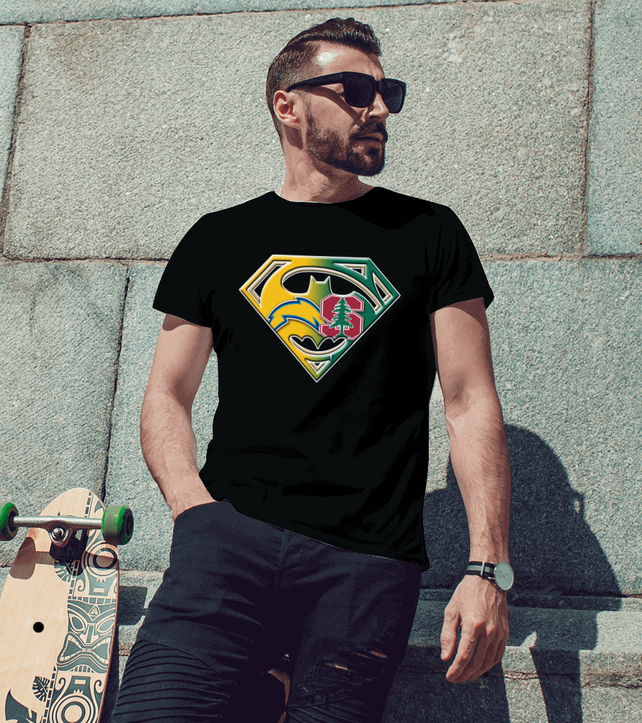 Los Angeles Chargers And Stanford Cardinal Bat Superman Logo Fusion T-Shirt