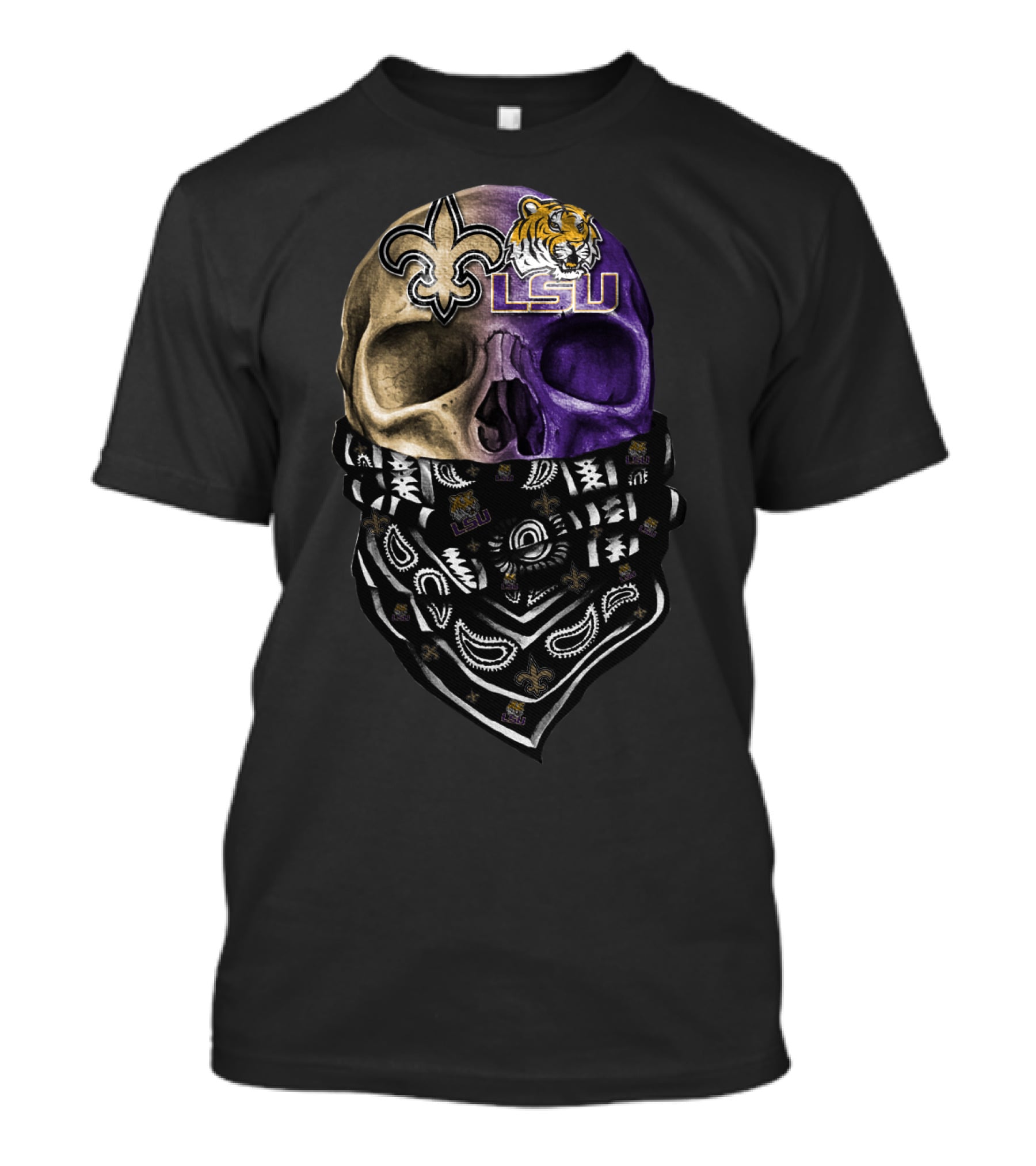 Lsu Tigers Skull With New Orleans Saints Logo Bandana T-Shirt