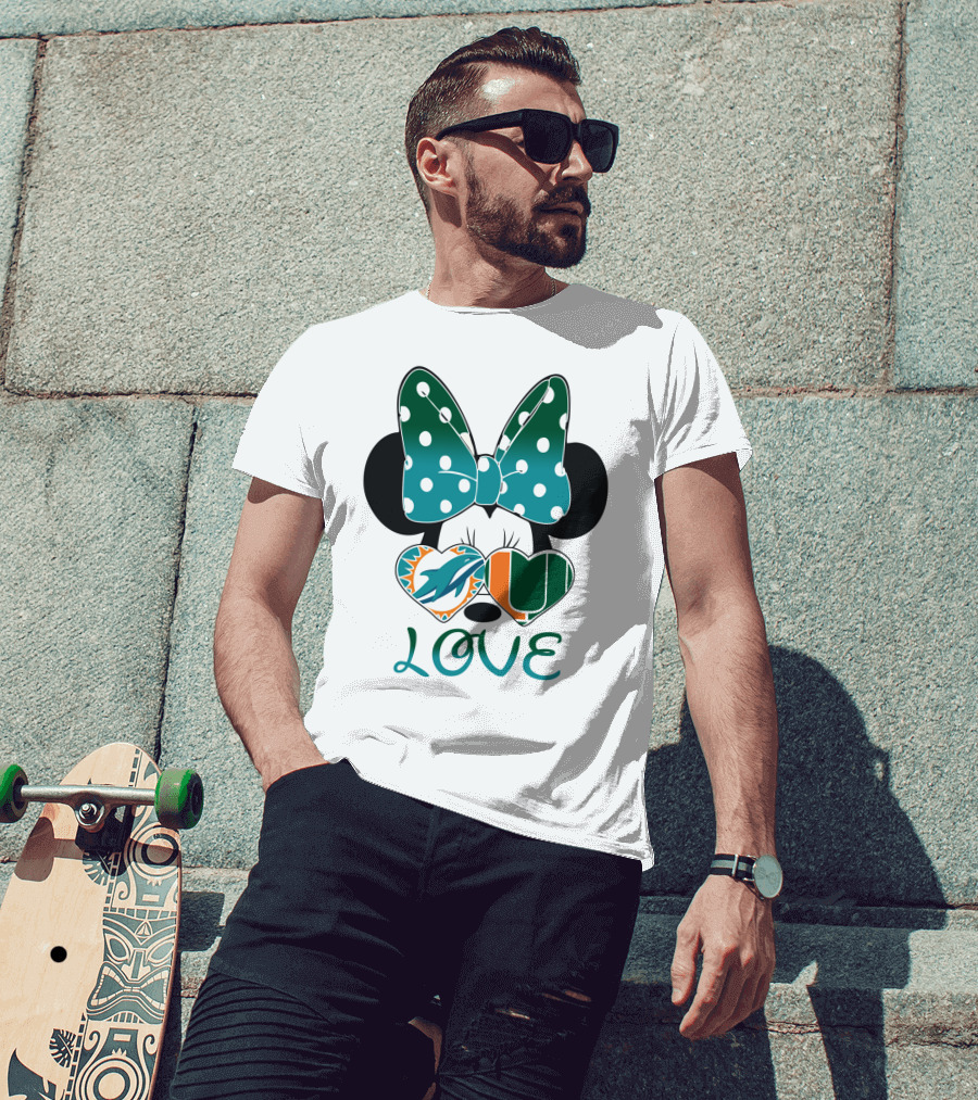 Miami Dolphins Hurricanes Love Minnie Mouse Polka Dot Bow T-Shirt
