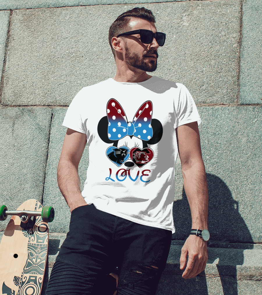 Love Carolina Panthers South Carolina Gamecocks Minnie Bow Hearts T-Shirt
