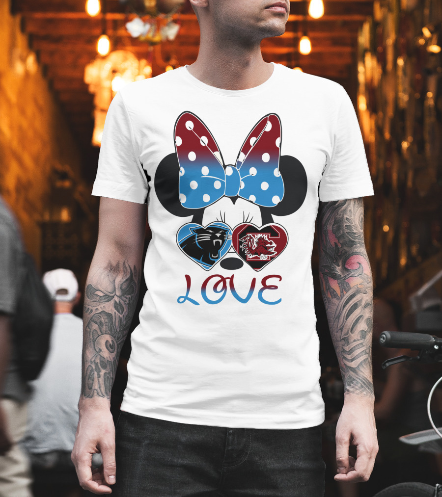 Love Carolina Panthers South Carolina Gamecocks Minnie Bow Hearts T-Shirt