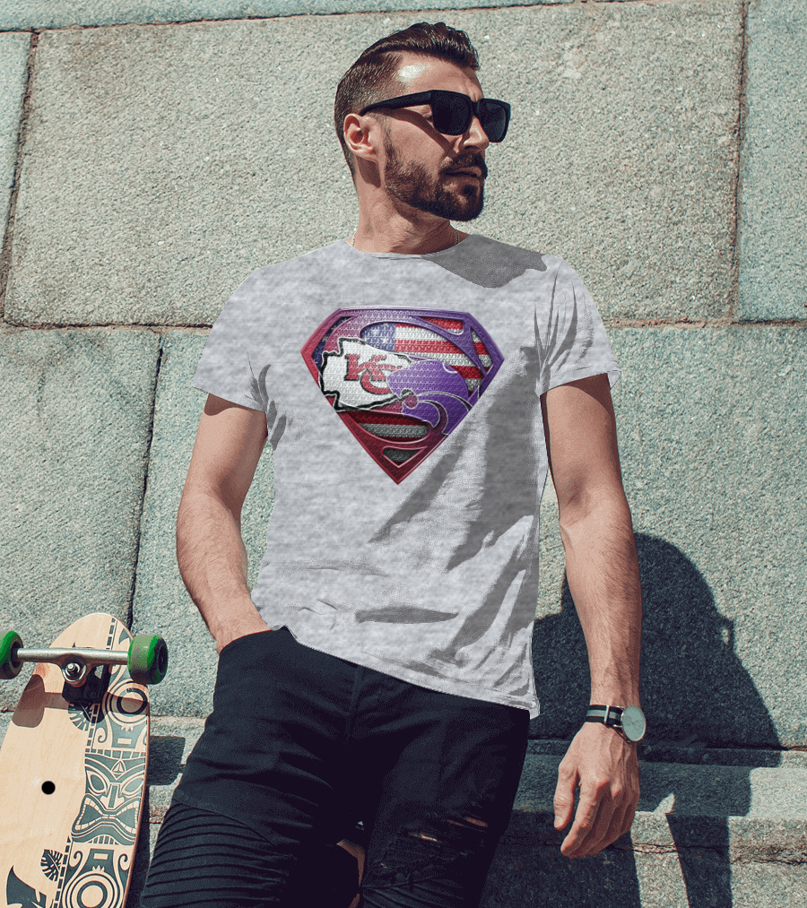 Kansas City Chiefs Superman Logo With American Flag And Kansas Map T-Shirt