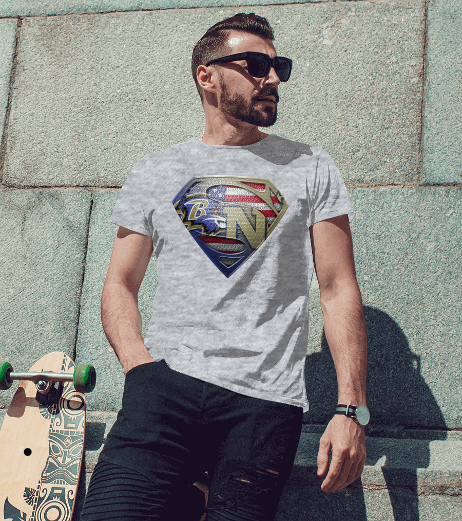 Baltimore Ravens Nfl Superman Shield American Flag T-Shirt