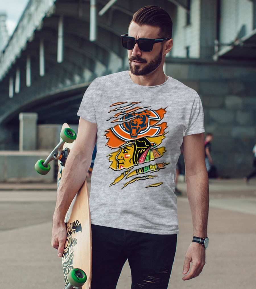 Chicago Bears And Blackhawks Torn T-Shirt