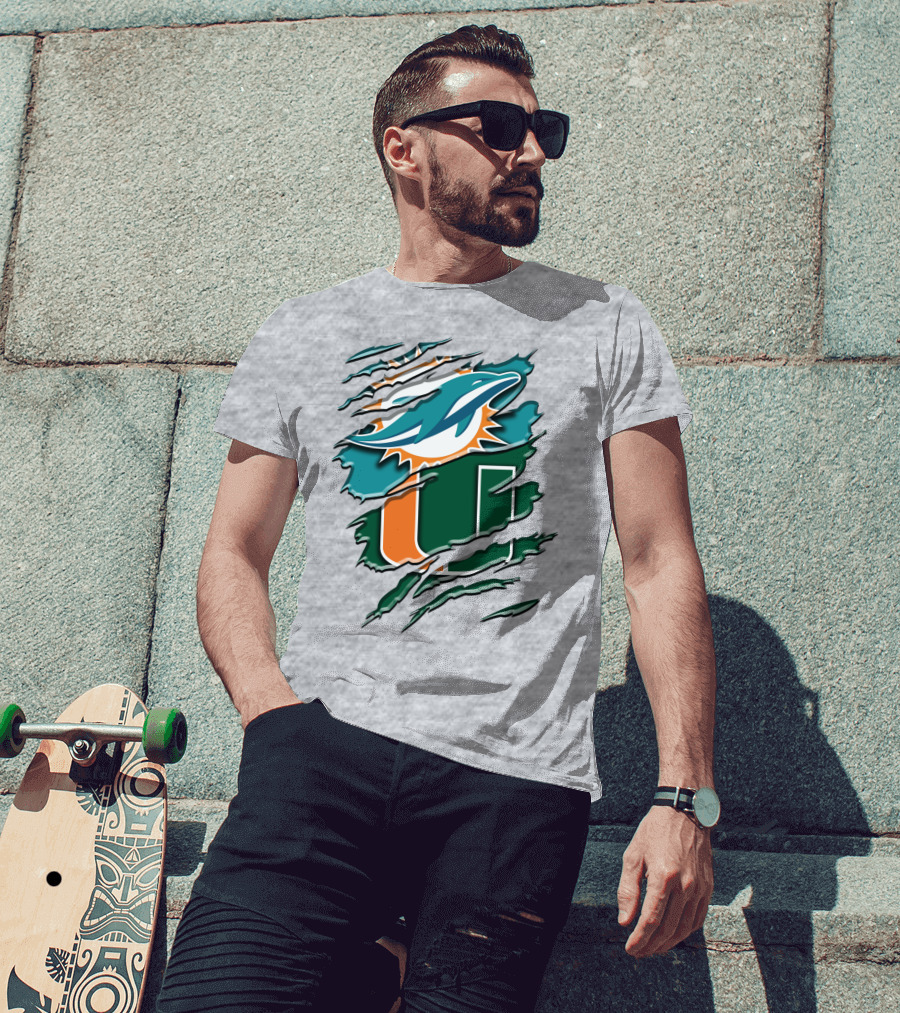 Miami Dolphins And University Of Miami Hurricanes Torn Design Rah 052 T-Shirt