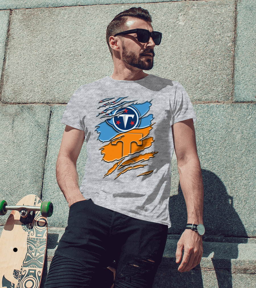 Tennessee Titans Logo With Tennessee Volunteers Colors Ripped Design Rah 131 T-Shirt