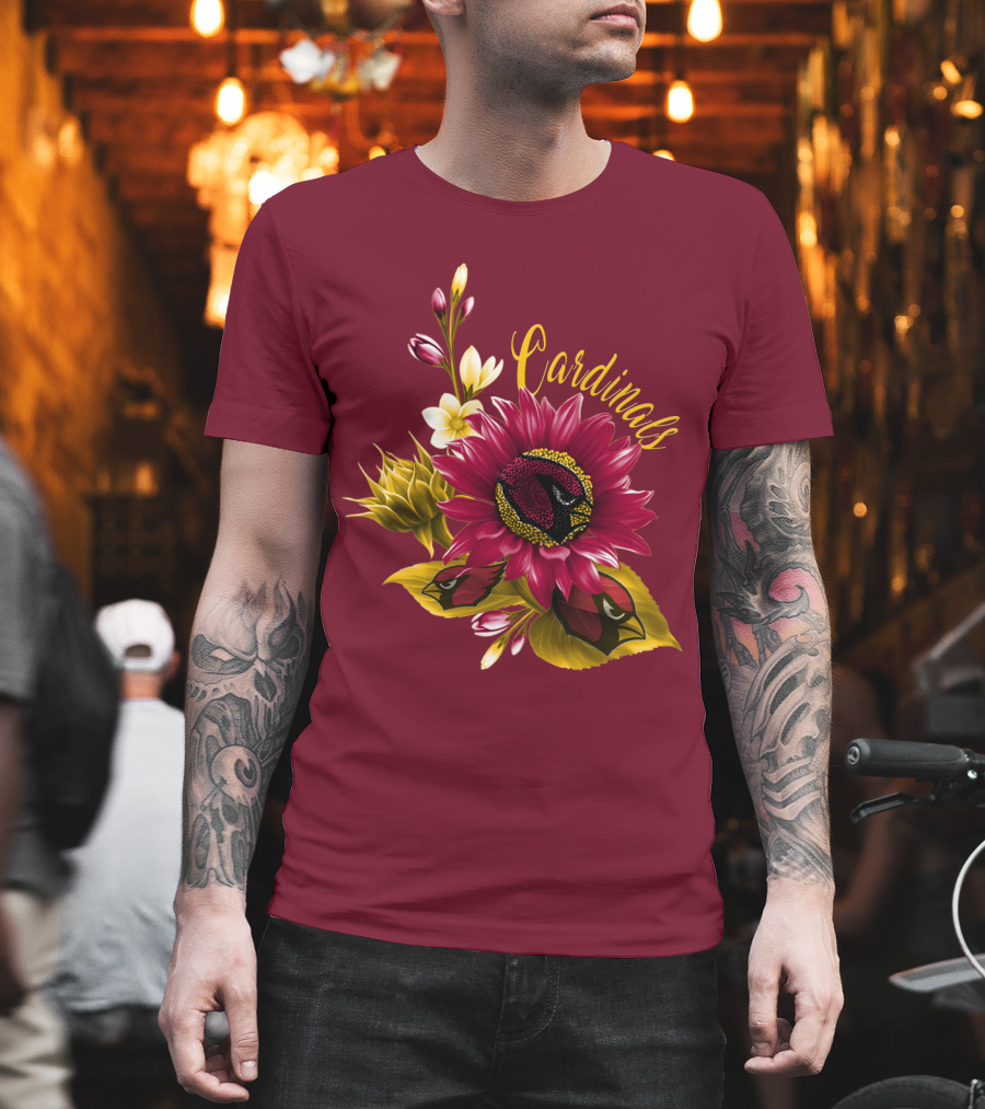 Cardinals Floral Sunflower And Bird Art On Red T-Shirt