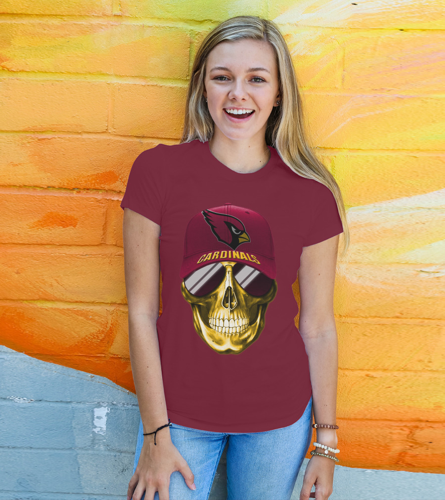 Arizona Cardinals Skull With Hat And Sunglasses T-Shirt