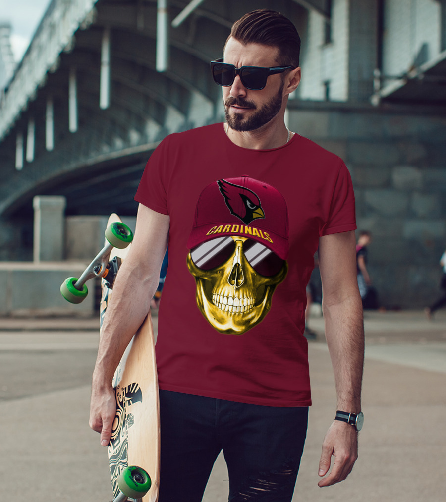 Arizona Cardinals Skull With Hat And Sunglasses T-Shirt