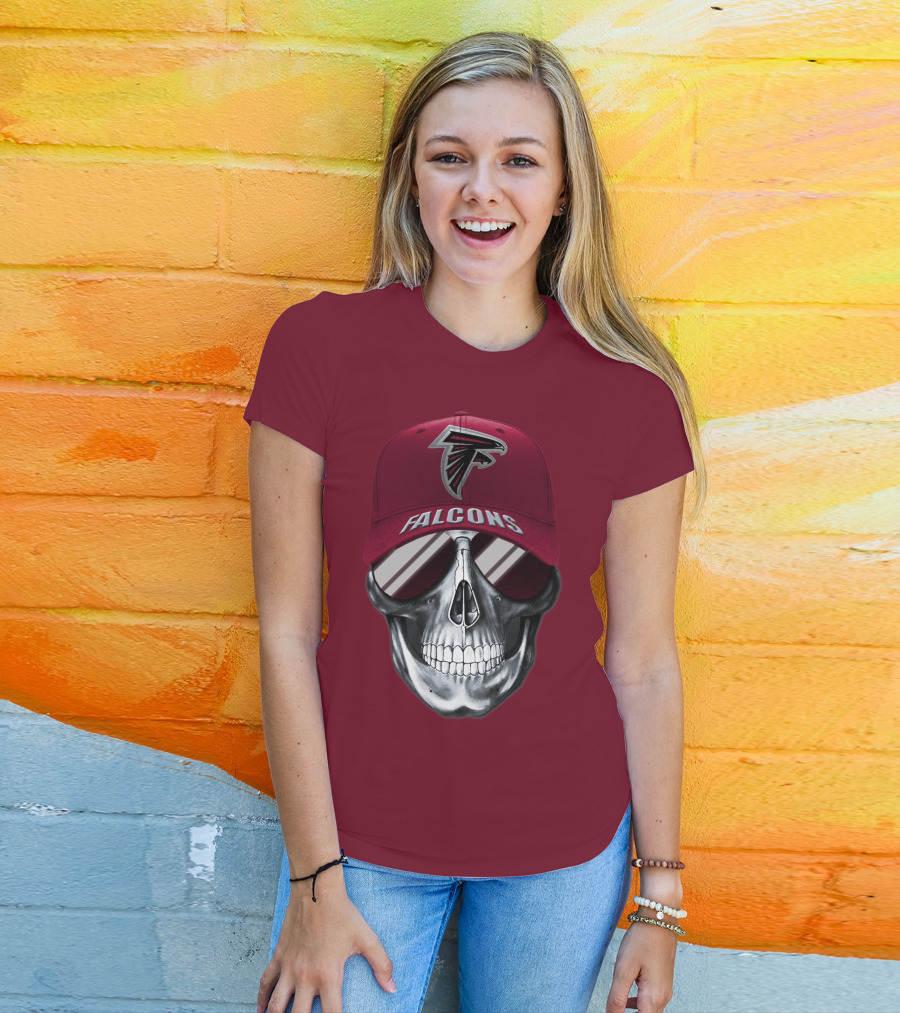 Atlanta Falcons Skull With Logo Hat And Sunglasses T-Shirt