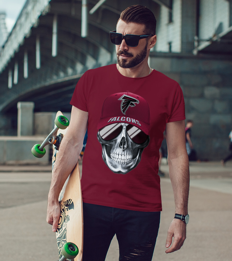 Atlanta Falcons Skull With Logo Hat And Sunglasses T-Shirt