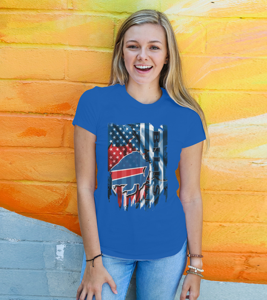 Buffalo Bills American Flag Collage With Team Logo And Bold Vertical T-Shirt