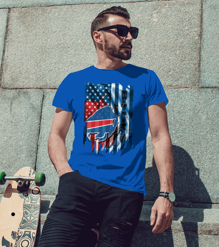 Buffalo Bills American Flag Collage With Team Logo And Bold Vertical T-Shirt