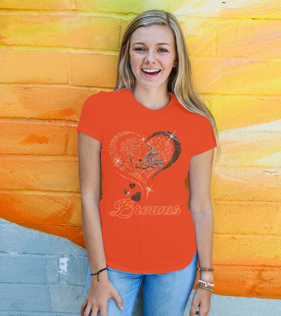 Browns Heart Helmet Sparkle Design Orange T-Shirt