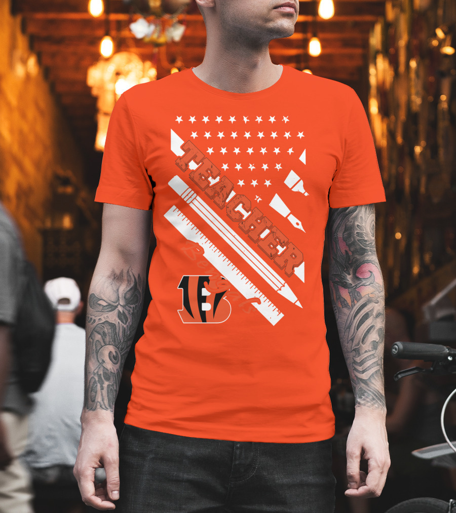 Cincinnati Bengals Teacher Stars Stripes Ruler T-Shirt