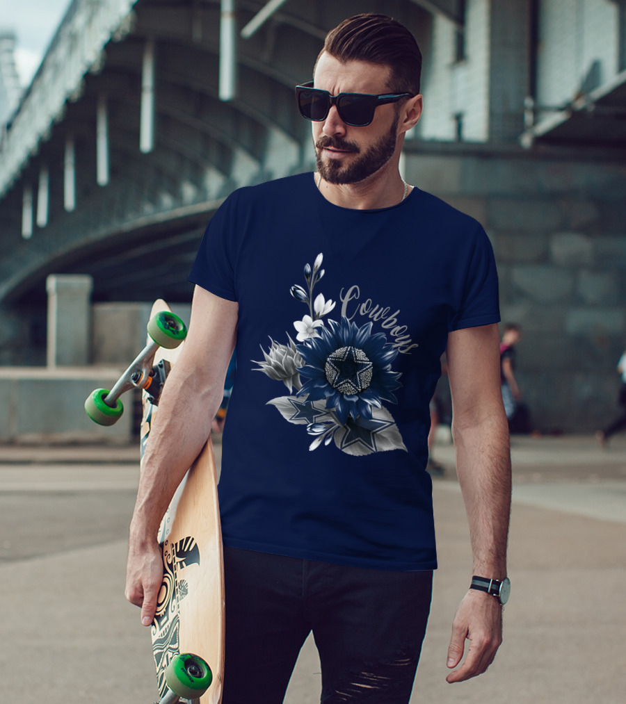Cowboys Star Floral Design With Navy And Silver Accents T-Shirt
