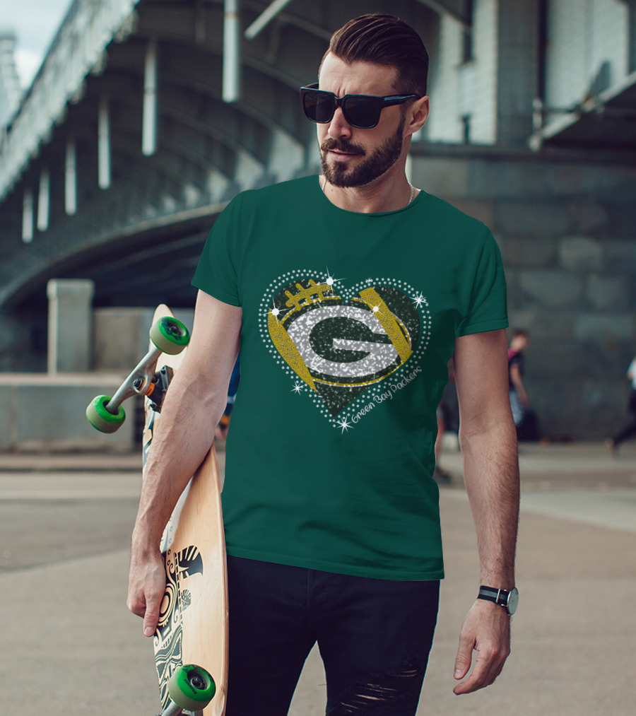 Green Bay Packers Heart Glitter T-Shirt