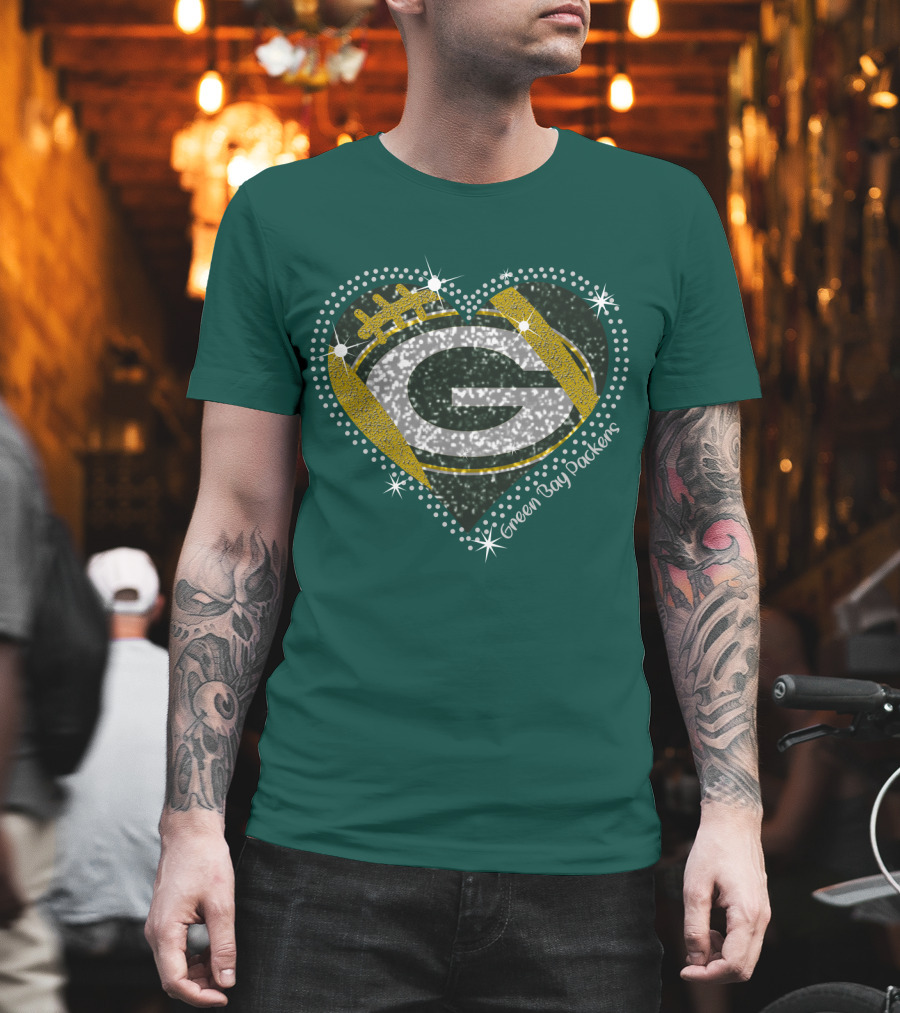 Green Bay Packers Heart Glitter T-Shirt