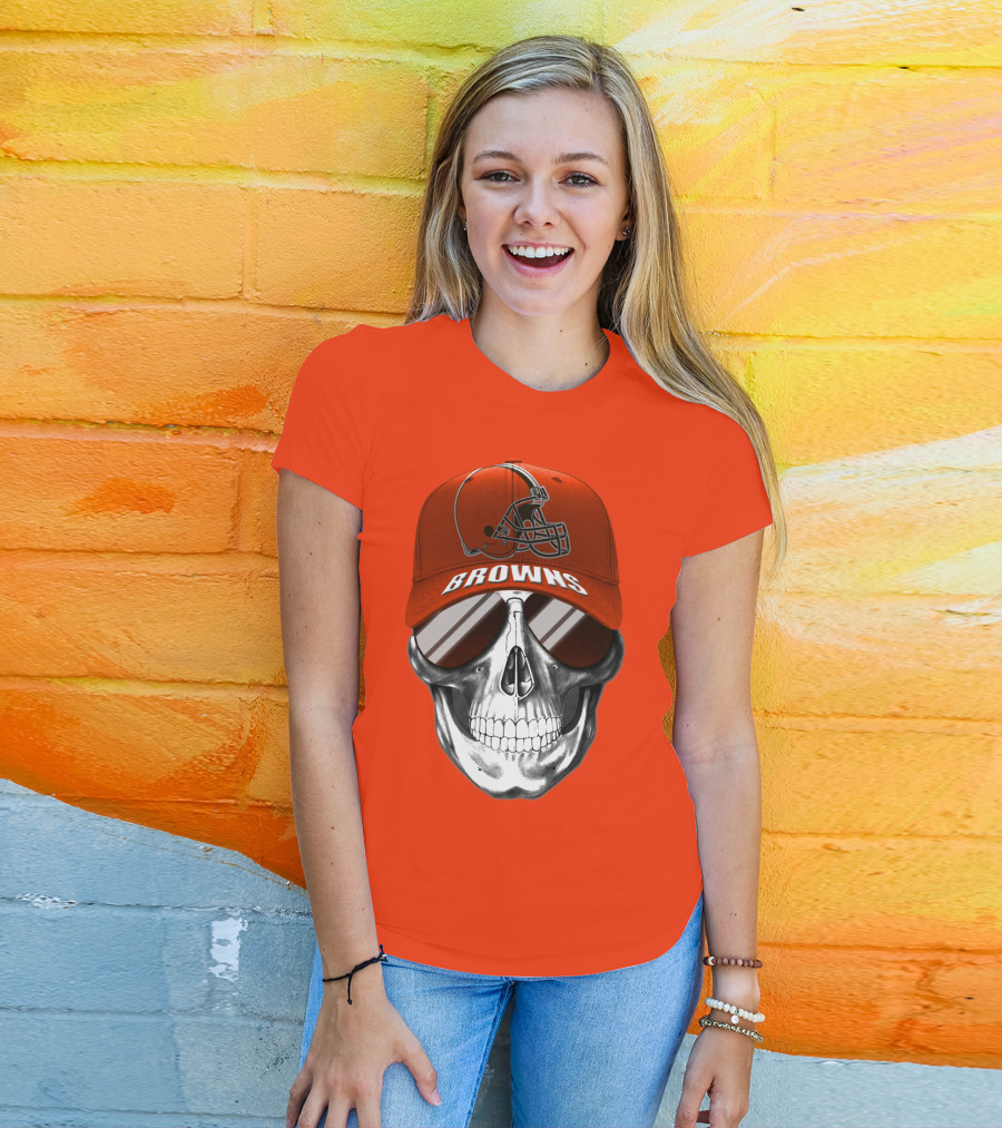 Cleveland Browns Skull Hat With Football Helmet Icon On Bright Orange T-Shirt