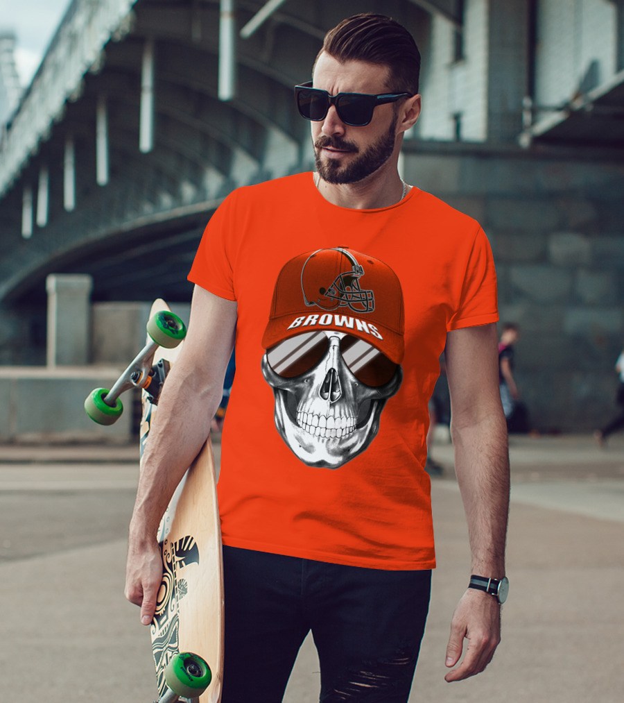 Cleveland Browns Skull Hat With Football Helmet Icon On Bright Orange T-Shirt