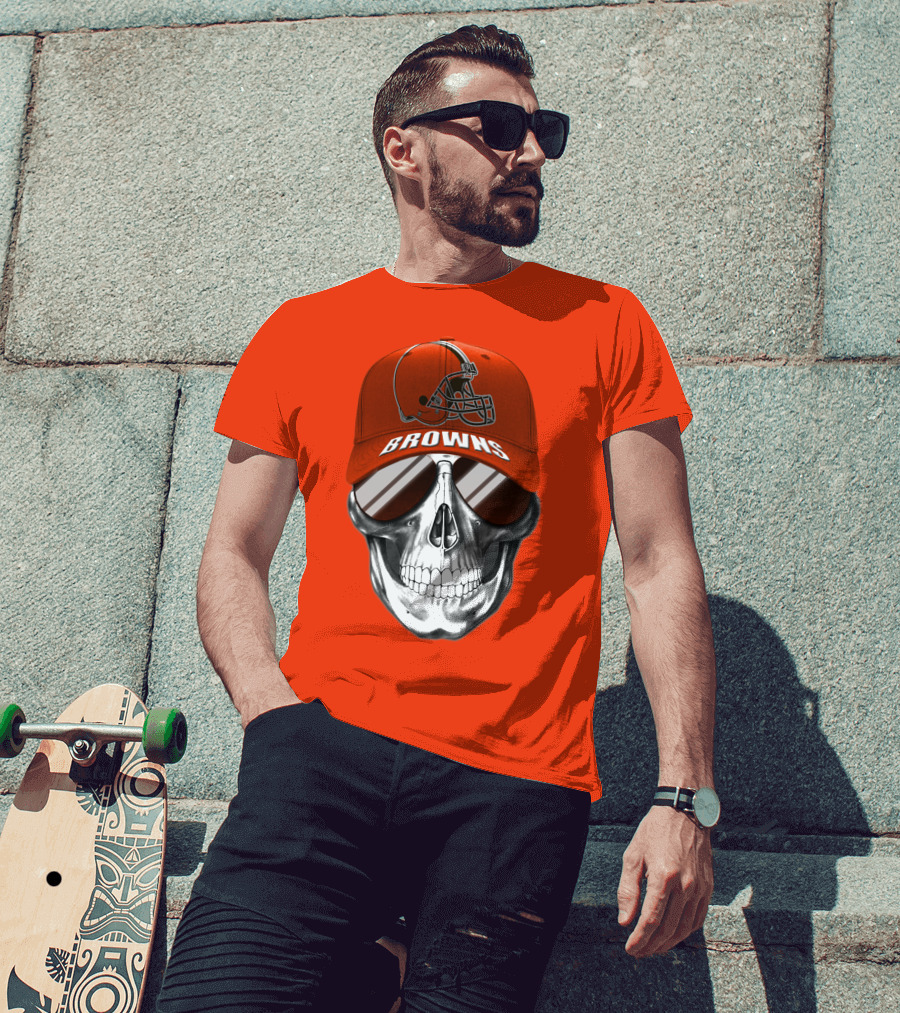 Cleveland Browns Skull Hat With Football Helmet Icon On Bright Orange T-Shirt