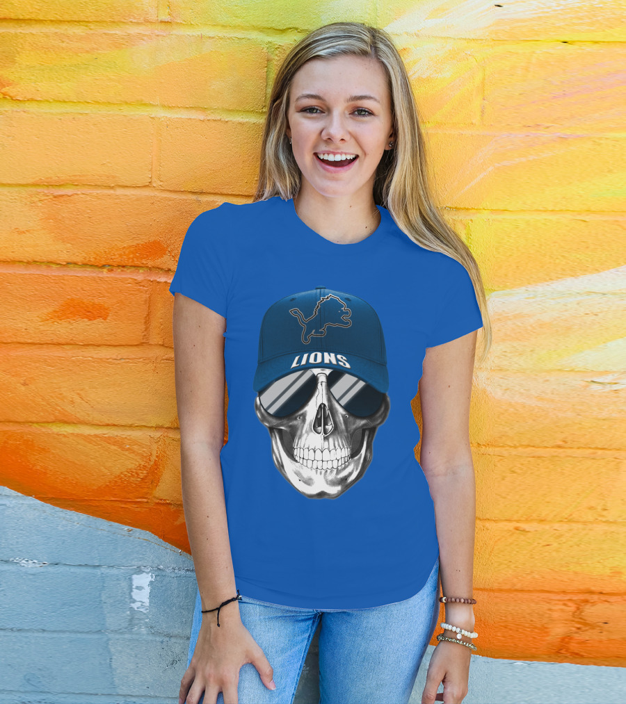 Detroit Lions Skull With Blue Cap And Sunglasses T-Shirt