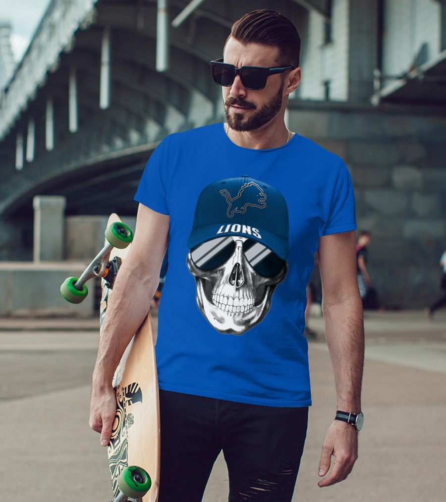 Detroit Lions Skull With Blue Cap And Sunglasses T-Shirt