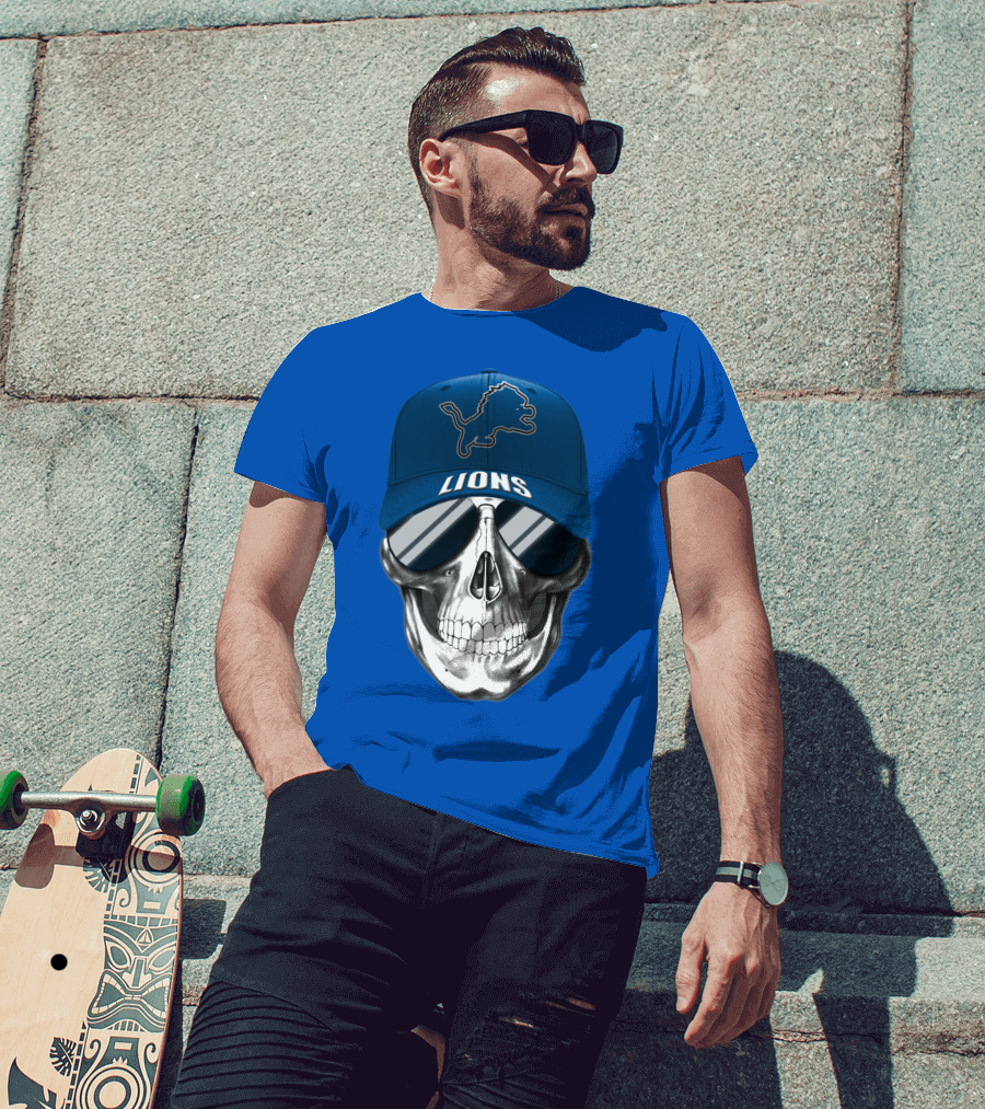 Detroit Lions Skull With Blue Cap And Sunglasses T-Shirt