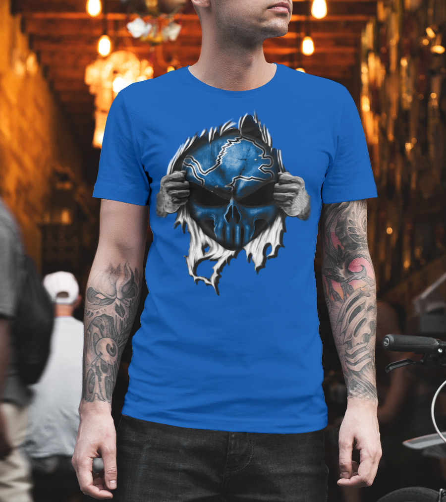 Detroit Lions Skull Design Blue Ripped Background T-Shirt