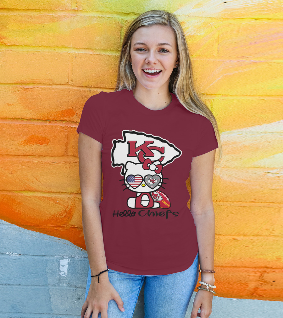 Hello Chiefs Kc Hello Kitty Heart Football American Flag T-Shirt