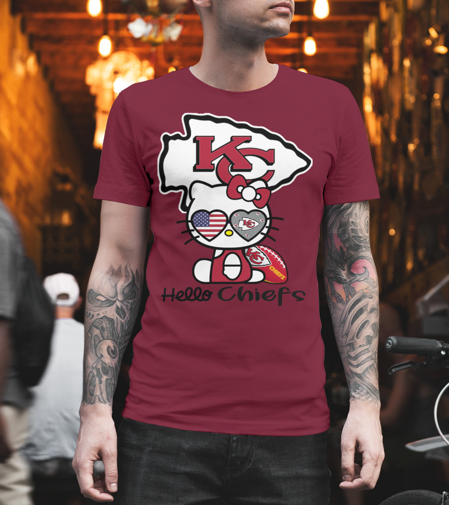 Hello Chiefs Kc Hello Kitty Heart Football American Flag T-Shirt