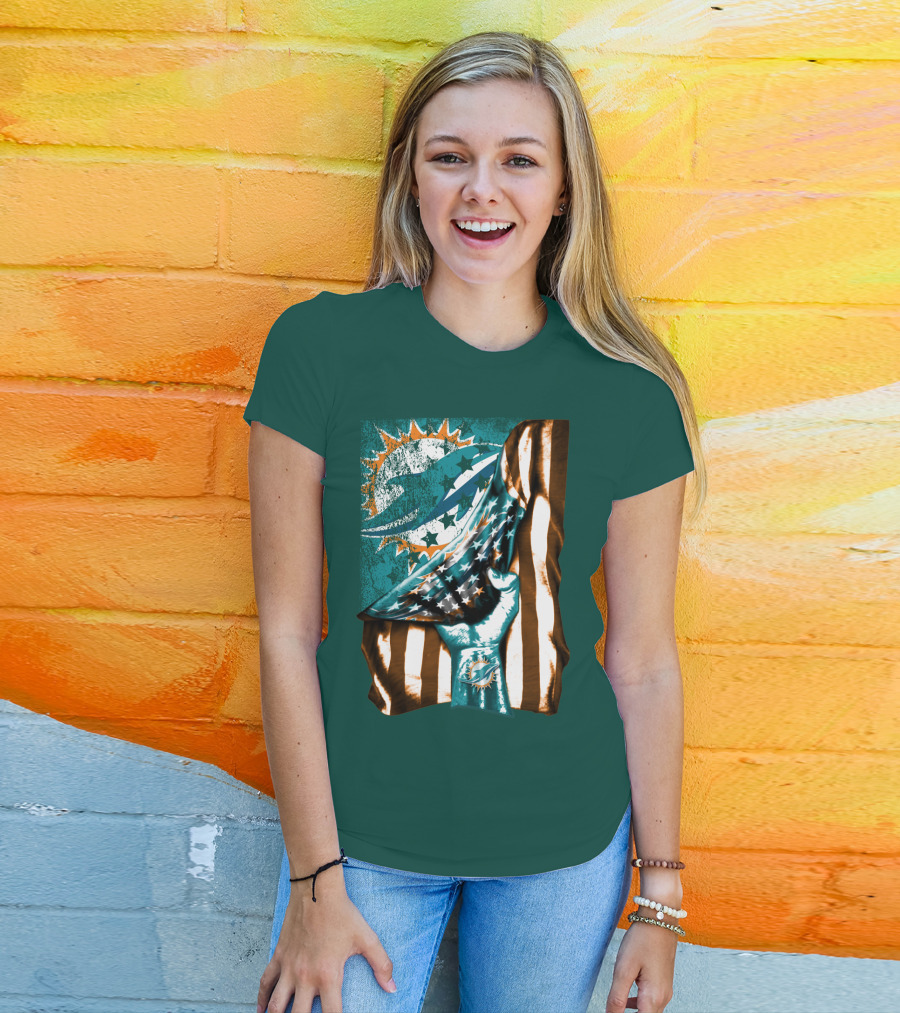 Miami Dolphins American Flag Hand Holding T-Shirt