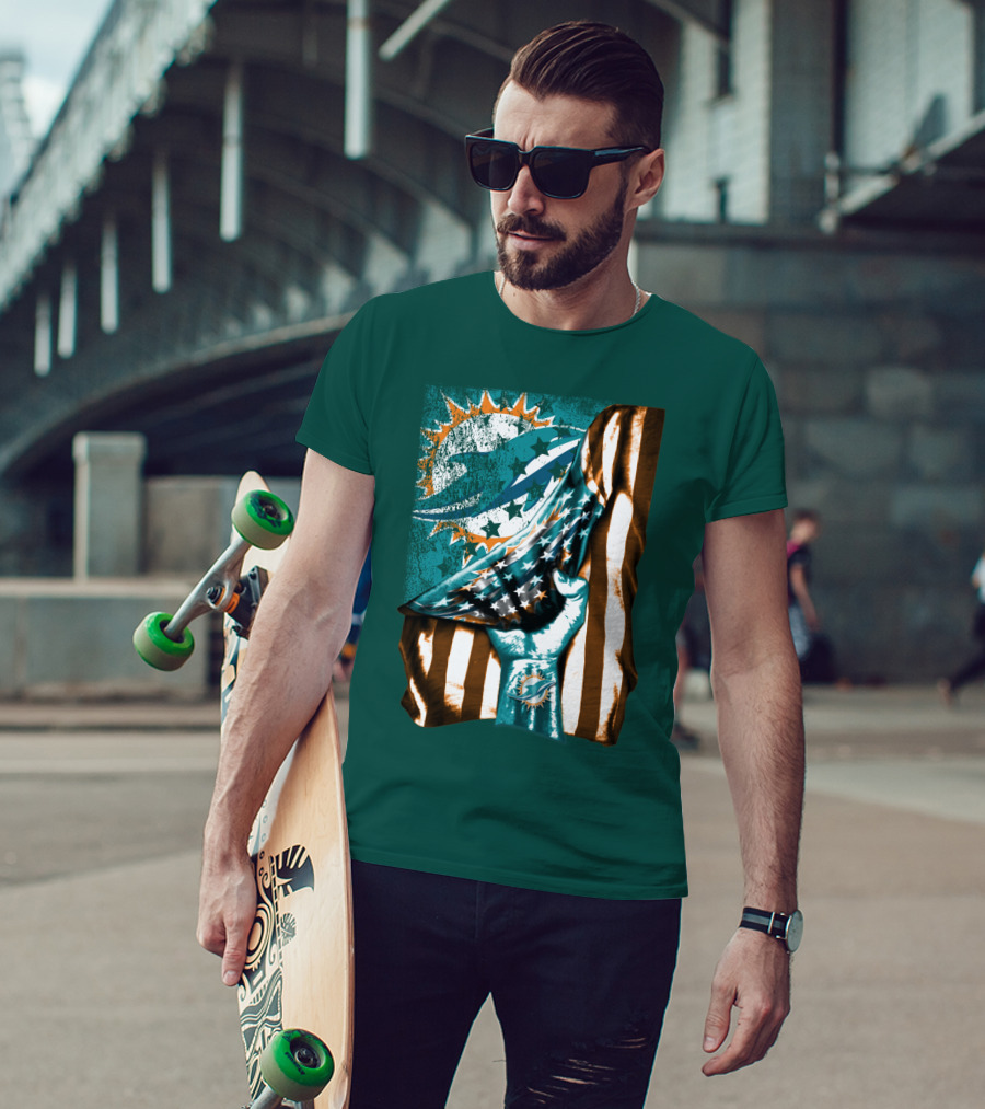 Miami Dolphins American Flag Hand Holding T-Shirt
