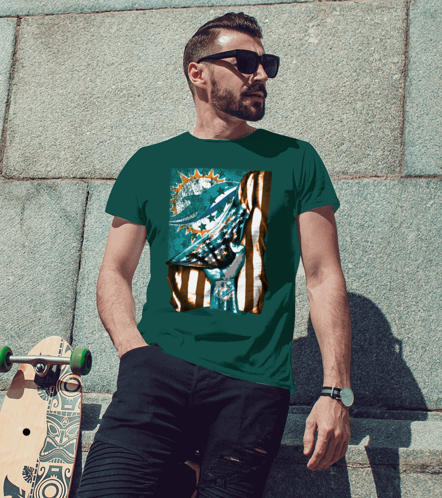 Miami Dolphins American Flag Hand Holding T-Shirt