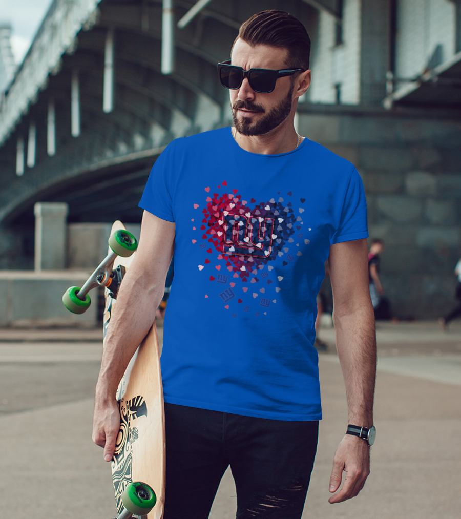 New York Giants Ny Heart Logo With Red And Blue Hearts On Blue T-Shirt