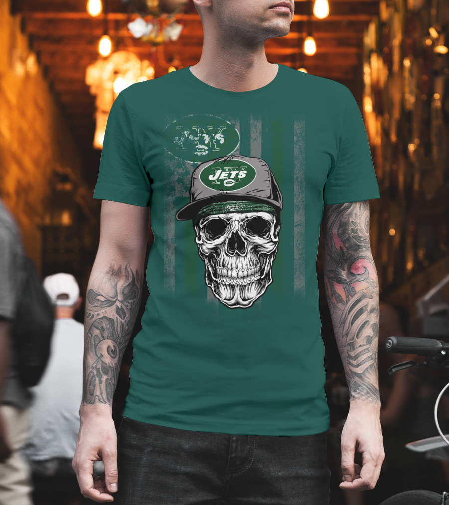 Skull With New York Jets Cap And Logo On Green Stripe T-Shirt