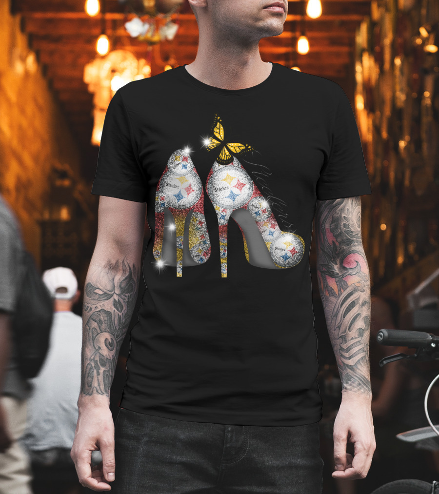 Steelers Pittsburgh High Heels With Yellow Butterfly Sparkle T-Shirt