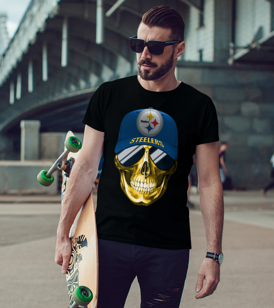 Pittsburgh Steelers Skull Wearing Reflective Sunglasses And Branded Cap T-Shirt