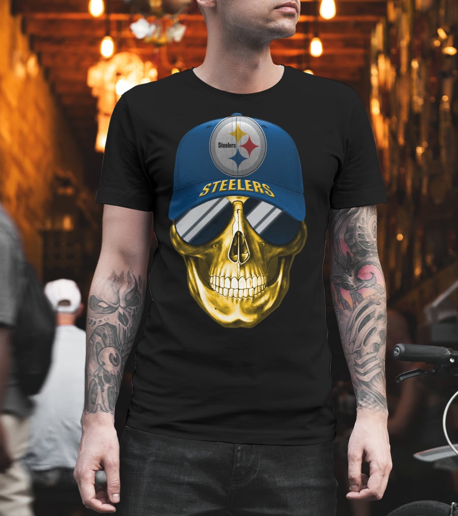 Pittsburgh Steelers Skull Wearing Reflective Sunglasses And Branded Cap T-Shirt