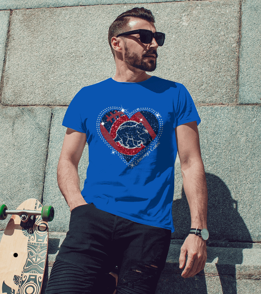 Chicago Cubs Heart Sparkle Football Bear T-Shirt