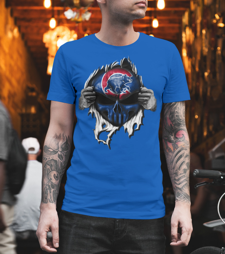 Chicago Cubs Skull Logo With Bear And Red Circle On Blue T-Shirt
