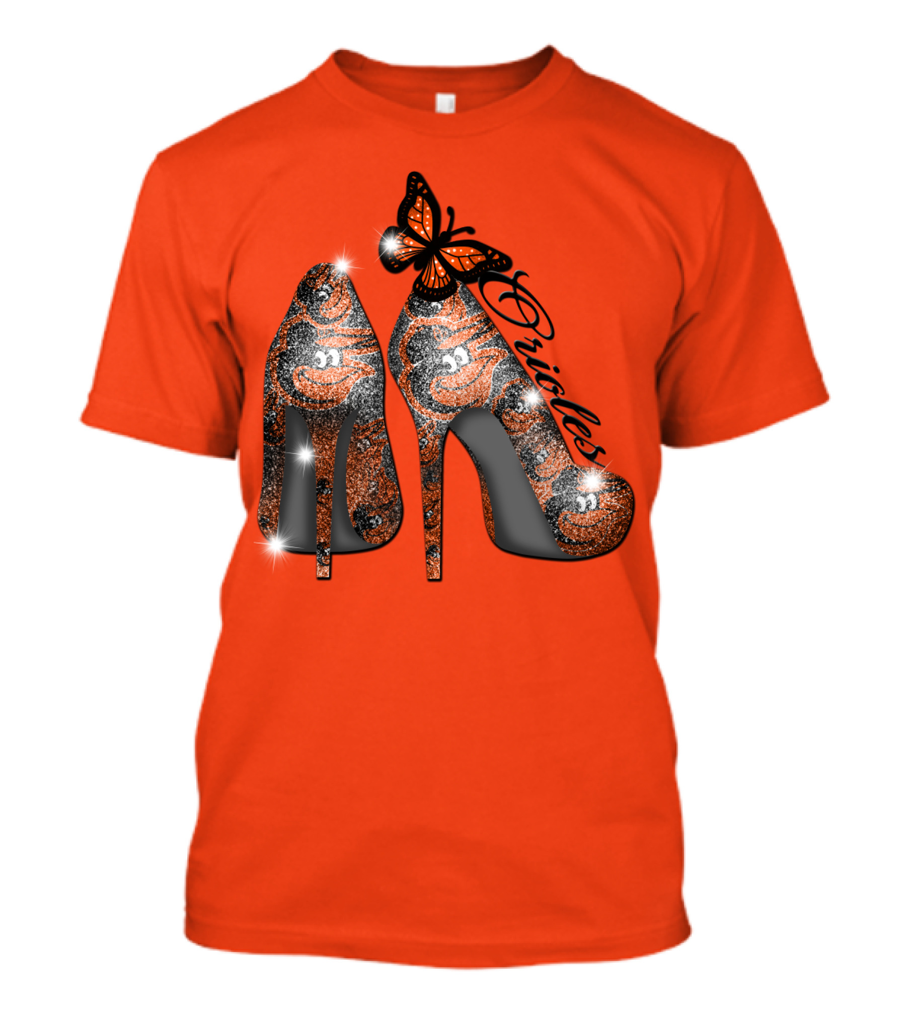 Baltimore Orioles High Heels With Butterfly Sparkle T-Shirt