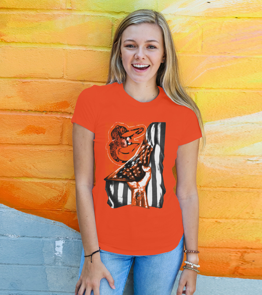 Baltimore Orioles American Flag Fist Logo On Orange T-Shirt