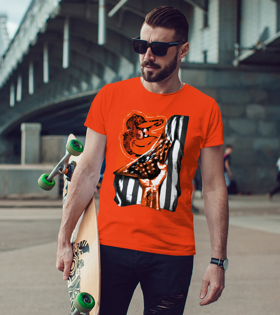 Baltimore Orioles American Flag Fist Logo On Orange T-Shirt